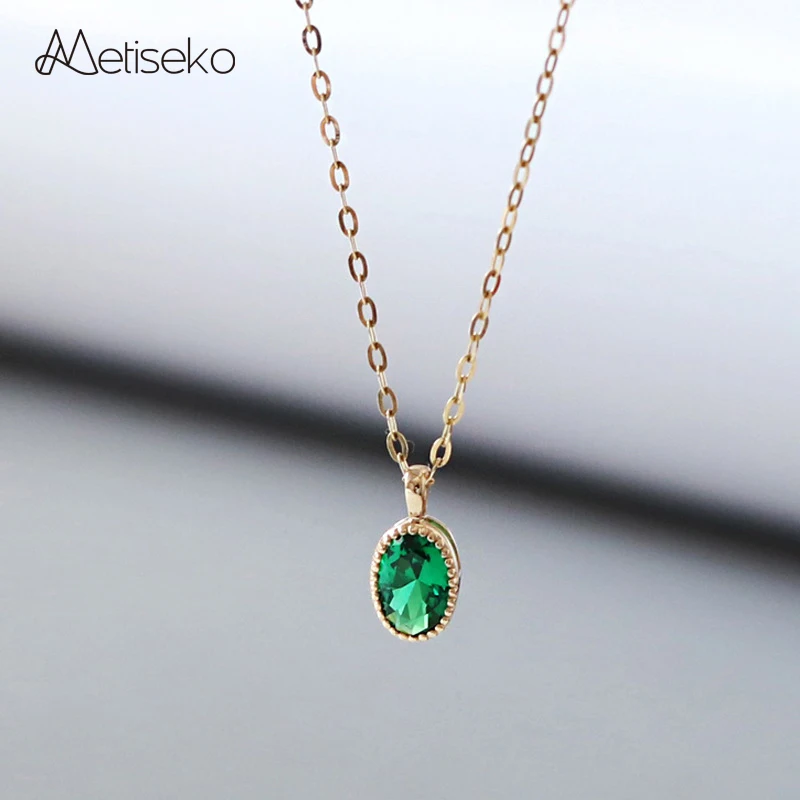 

Metiseko S925 Sterling Silver Inlaid Retro Oval Emerald Color Cubic Zirconia Pendant Necklace for Women Party