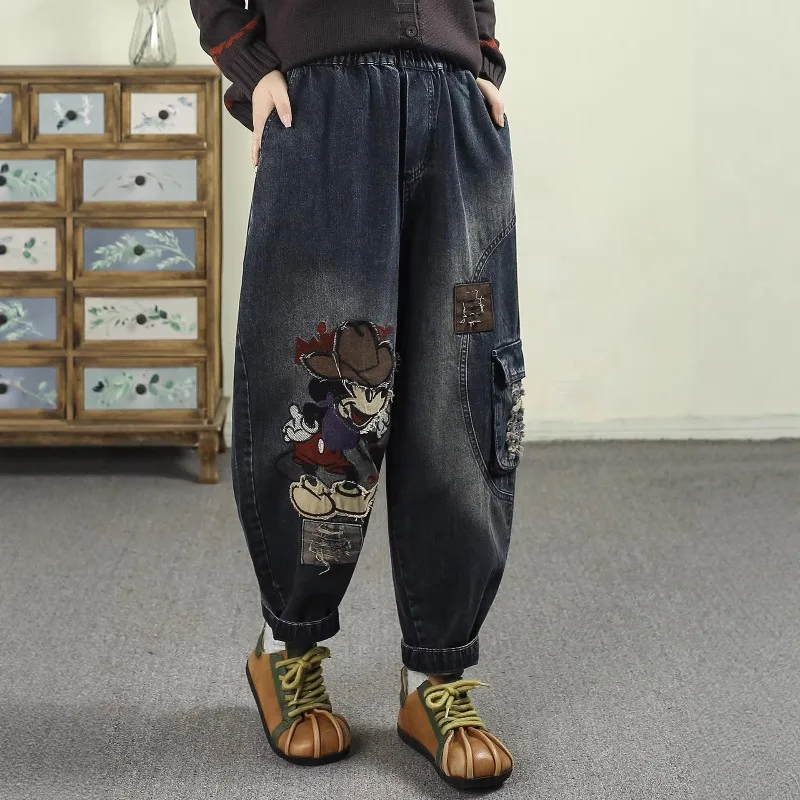y2k jeans for woman Disney Mickey Patch Embroidery Jeans Women Fashion Big Pocket Ripped Loose Harem Carrot Pants Denim Trousers