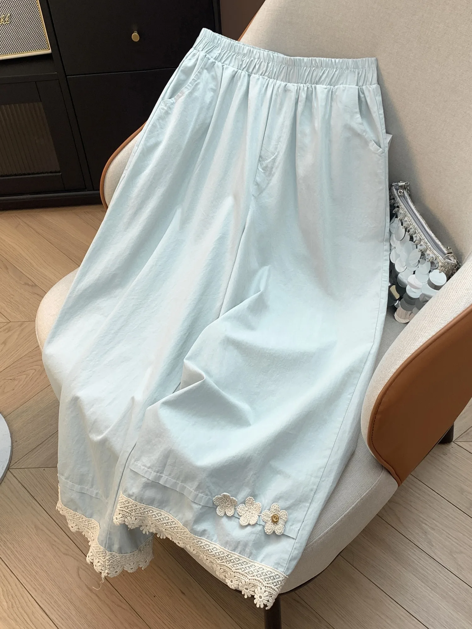 

Summer Pure Cotton Korean Style Lace Splicing Bloom Wide Leg Pants Women's Elastic Waist Straight Leg Pants Very Attractive