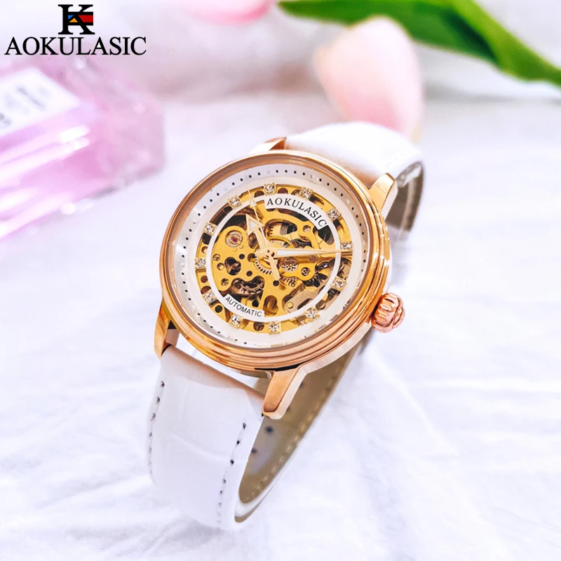 

AOKULASIC женские автоматические механические часы наручные часы со скелетом женские элегантные роскошные новые часы высокого качества водонепроницаемые часы