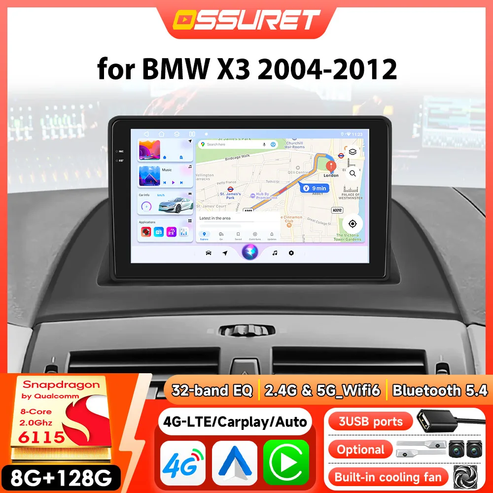 Intelligentes Android-Autoradio für BMW X3 E83 2004–2012, Carplay, GPS-Navigation, Stereo, 2din, 4G, WLAN von Snapdragon 6115, 8G, 128G
