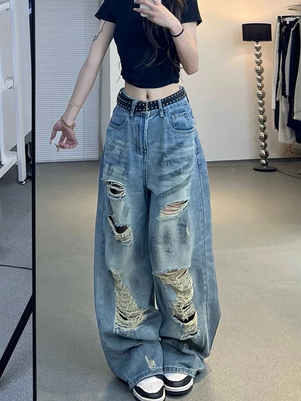 American High Street Sle Damen-Sommer-Jeans mit lockerem, weitem Bein, zerrissene Denim-Hosen, lässiges Vintage-Design, kleine Größe, freundlich