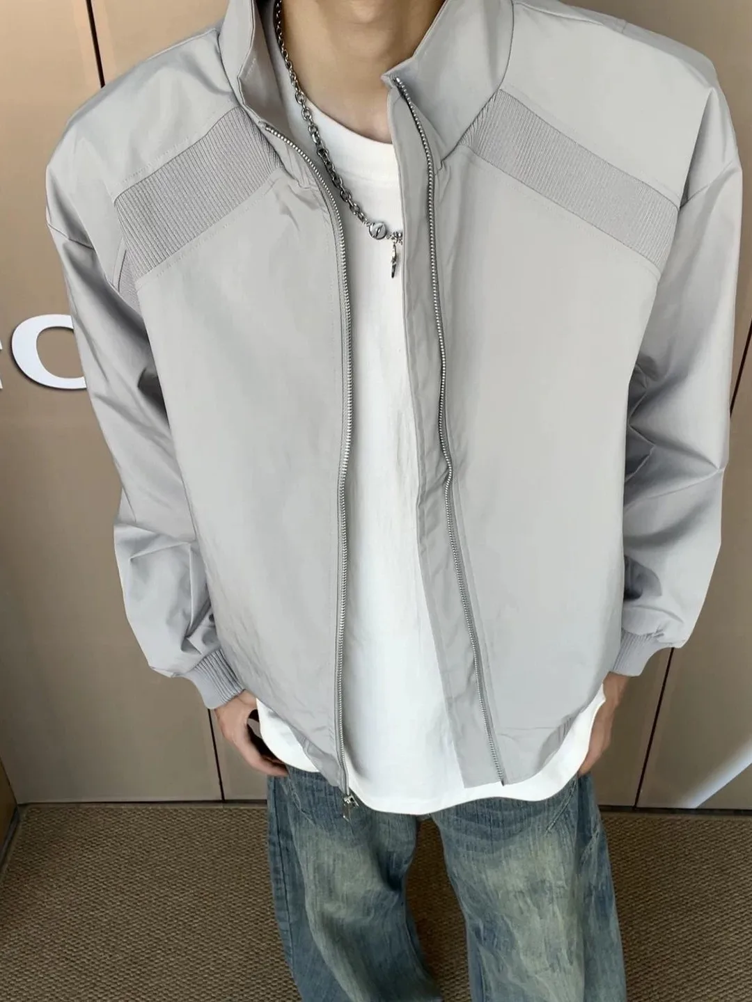 American Style Grey Pilot Jacket Short Baseball Uniform Splicing Design Stand Collar Men's Autumn Fashion Outerwear