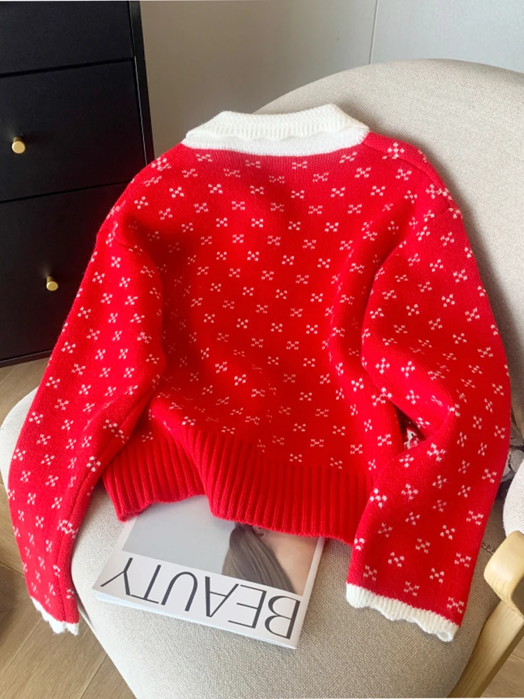 Women's Red Cardigan Christmas Sweater Harajuku Y2k Long Sleeves Jumper Cashmere Sweaters Vintage 2000s Cutecore Clothes Autumn