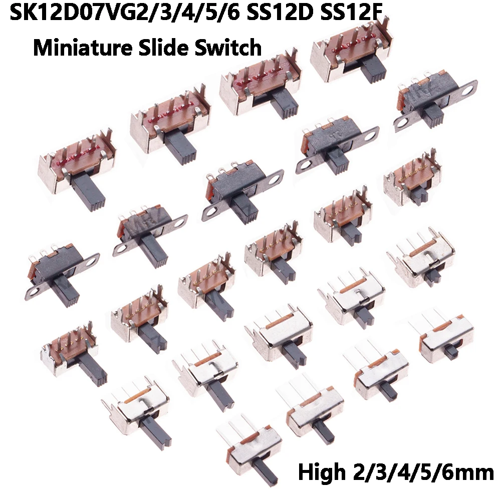 20PCS SK12D07VG2/3/4/5/6 SS12D SS12F Miniature Slide Switch SPDT 3 Pin PCB 2 Position 1P2T Side Knob Handle High 2/3/4/5/6mm