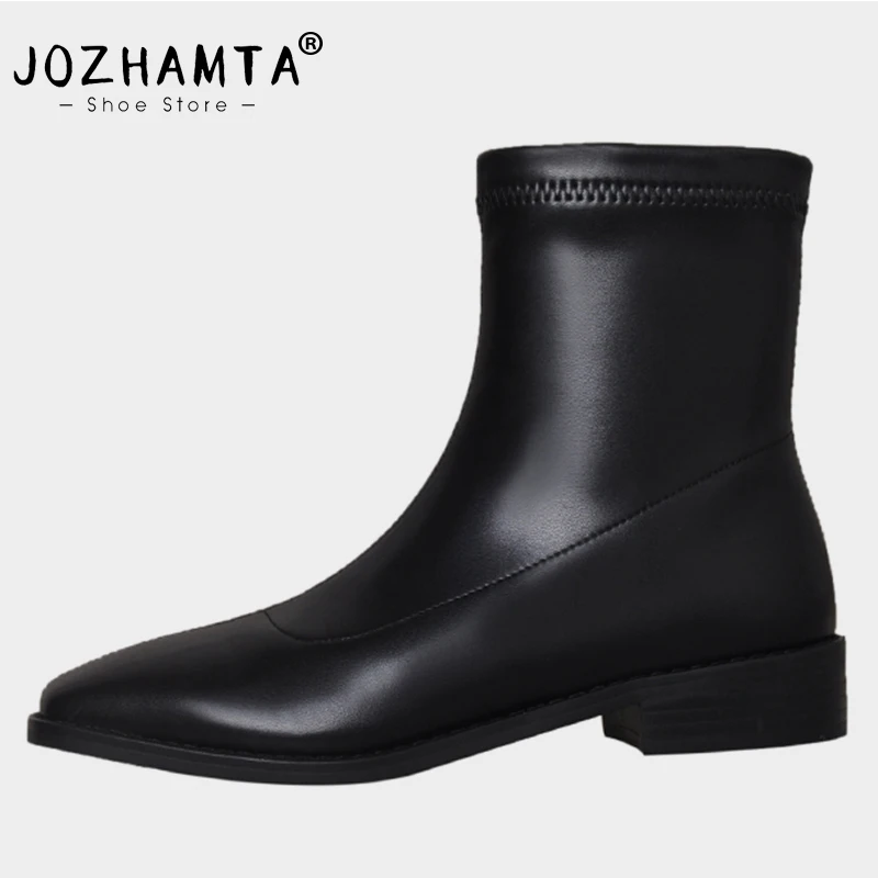 JOZHAMTA Size 34-39 Boots Woman Winter 2023 Fashion Thick Heels Shoes For Women Elastic Boots Square Toe Casual Ankle Boots