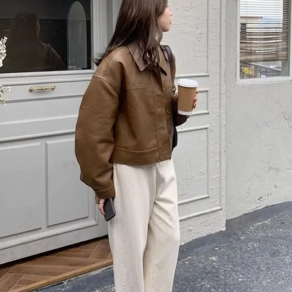 

Классическая кожаная куртка с воротником с лацканами, женская корейская шикарная ретро-пальто на молнии, верхняя одежда, ветровка, куртки осень/зима