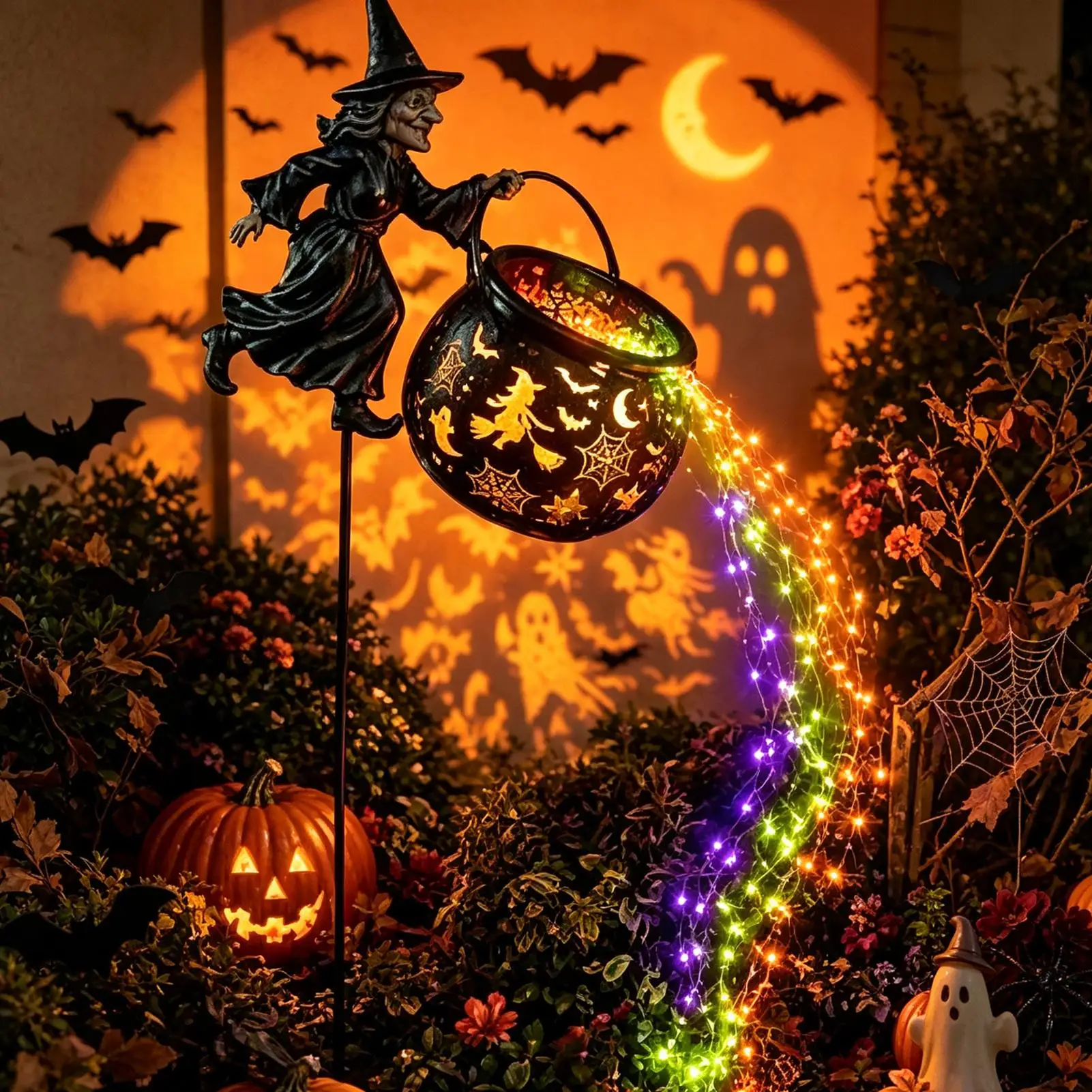 Halloween Witch Cauldron Stake Light Outdoor LED Flowing String Lights Waterproof Garden Yard Porch Halloween Decor Lamp