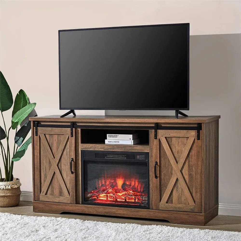 

Fireplace TV Stand with Sliding Barn Door for TVs up, Farmhouse Fireplace Entertainment Center