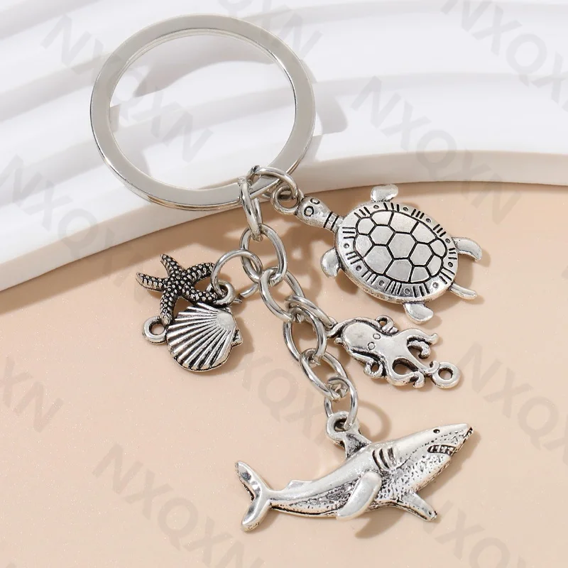 Classic Ocean Sharks Shells Starfish Turtles Alloy Keychain Sea Life Animals Key Ring For Women Men Handmade Jewelry Set