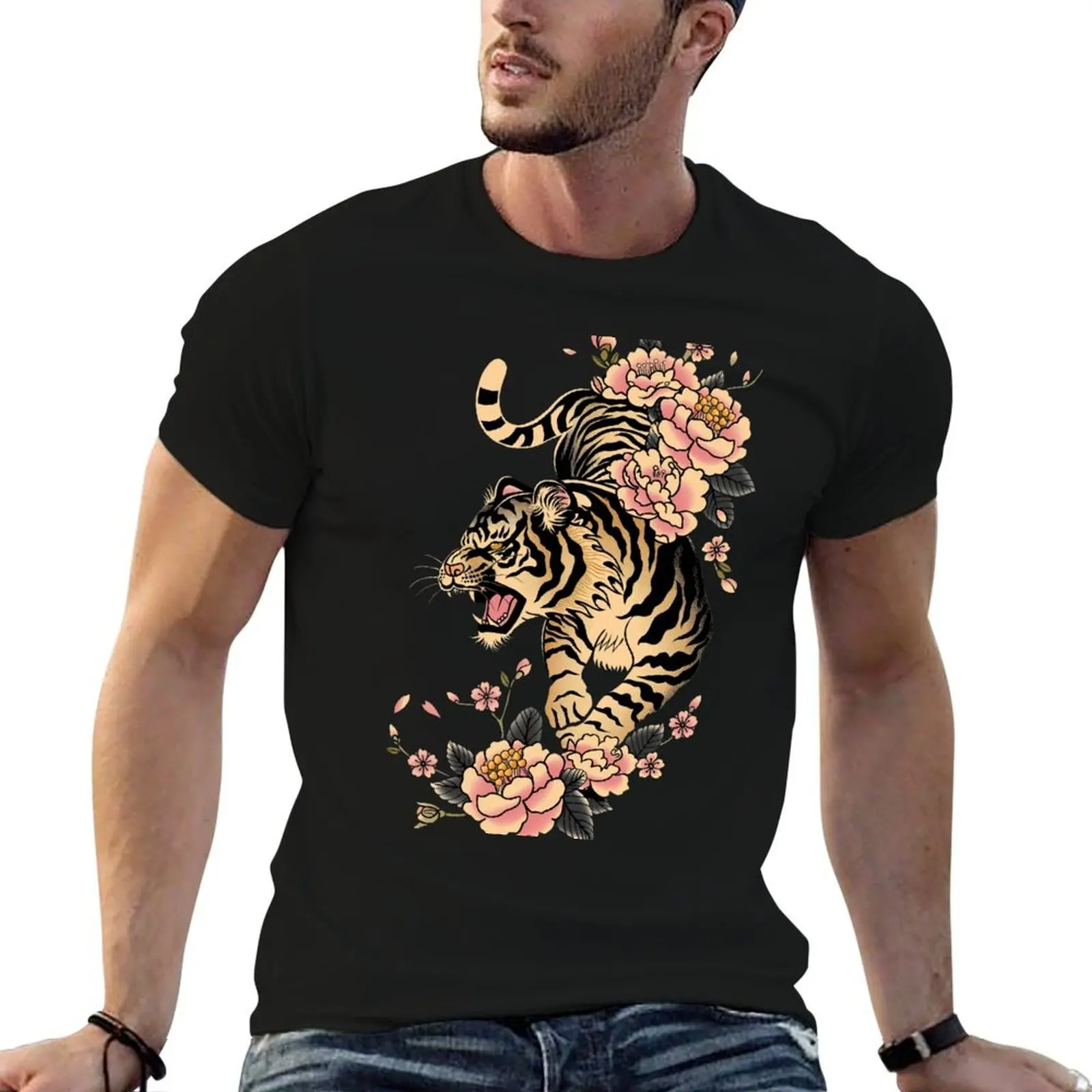 

Japanese tiger with pink flowers T-Shirt man graphic t shirt man t shirts high quality luxury brand T-Shirt