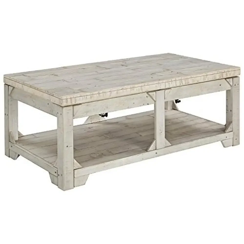 Whitewash Lift Top Coffee Table Solid Pine Wood Farmhouse Style Rustic Design 48