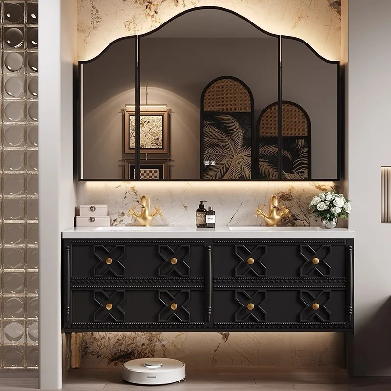 

Luxury modern hanging vanity set with slate and ceramic sink bathroom cabinet