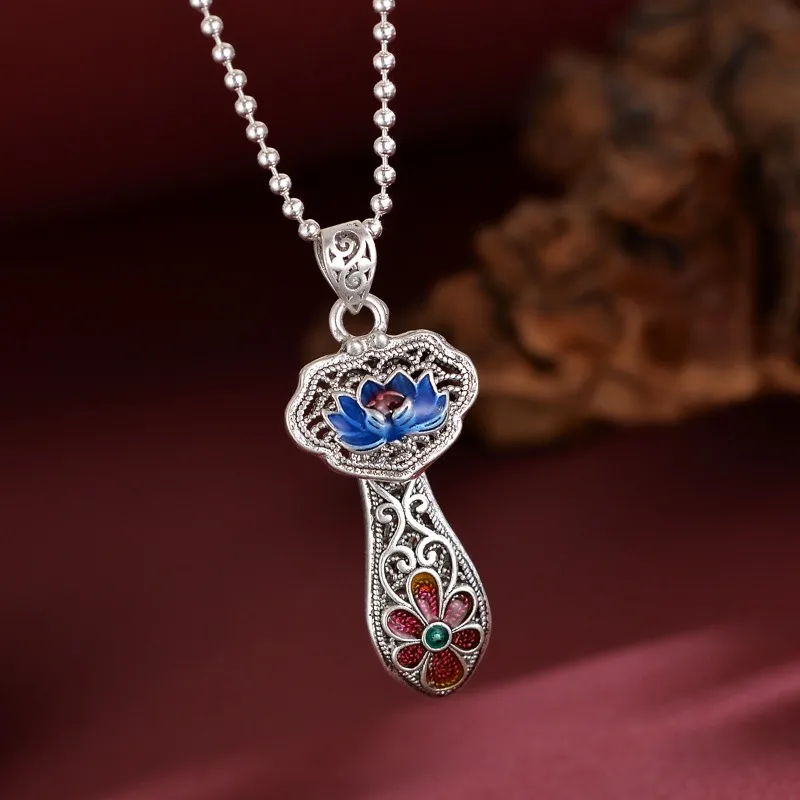 silver 925 Ruyi Lotus flower Pendant for Women Ethnic Style Colorful Enamel Craft Necklaces Classic and Exquisite Jewelry