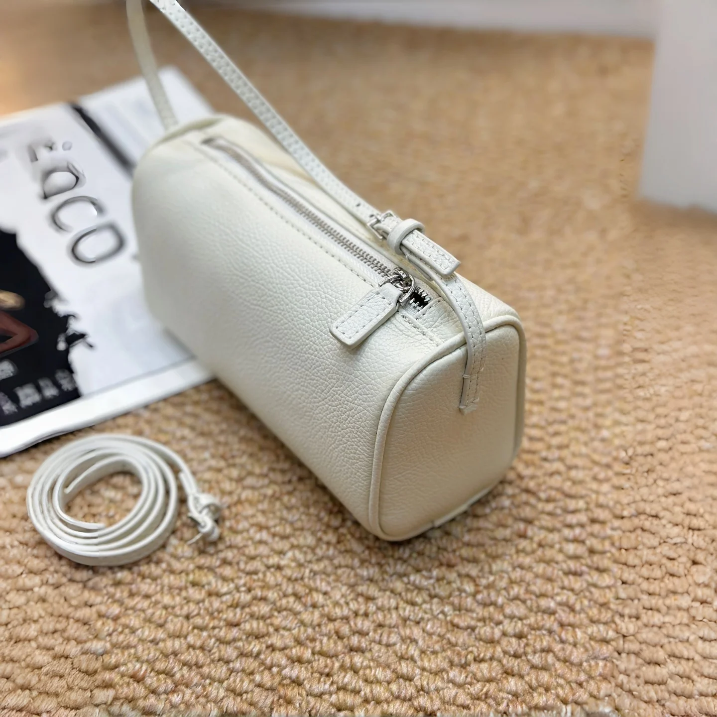Women Cylinder Shoulder Bag Genuine Cowhide Outer Sheepskin Lining Mini Barrel Handbag Crossbody Strap Zipper Daily Small Purse
