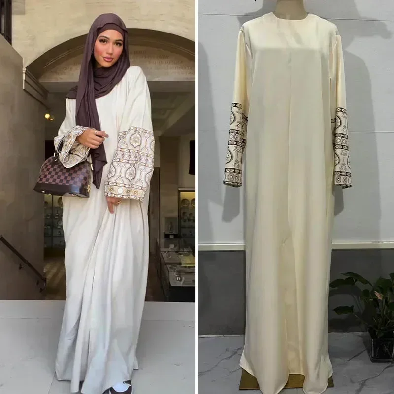

Muslim Abaya Dress For Women Spring Print Flower Boho Bubble Sleeves Loose Hemp Long Skirt For Women Ramadan