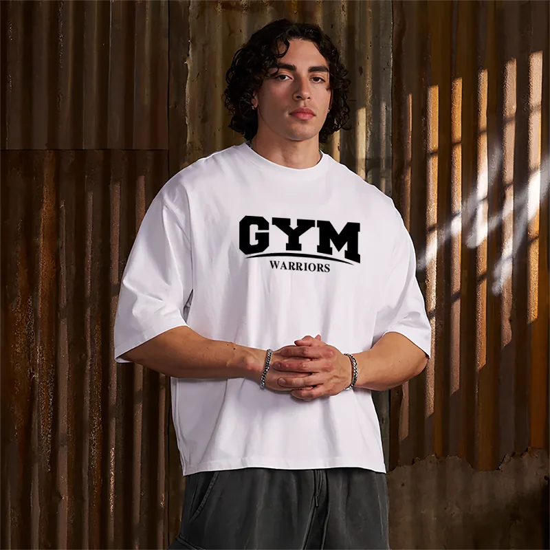 

Мужские футболки для бега Boxy Fit, 240 г/м2, 100% хлопок, большие футболки с заниженными плечами и половиной рукавом, круглым вырезом, тренажерный зал, воины, фитнес-футболки