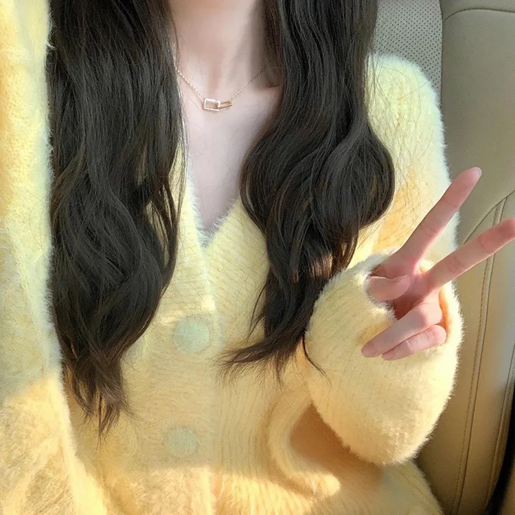 Goose Yellow Soft Waxy Design Sweater Jacket Women's Spring and Autumn Gentle Lazy Wind Imitation Mink Knitted Cardigan