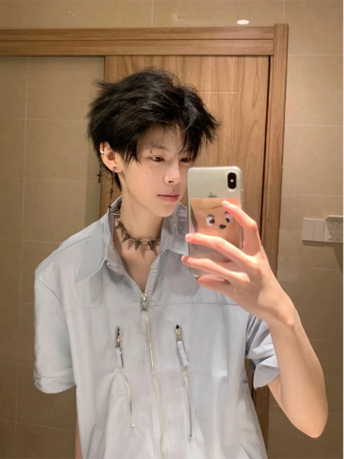 

Premium Short Sleeve Shirt Men's Light Blue Zipper Design Shoulder Pad Thin Summer Outerwear Casual Loose Fit American Style