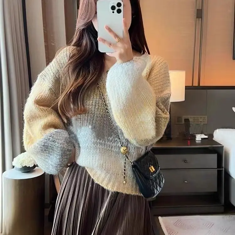 Vintage Languid Gradient V-neck Sweater Women\'s Casual Loose Long-sleeved Knit Top Sweater Mujer