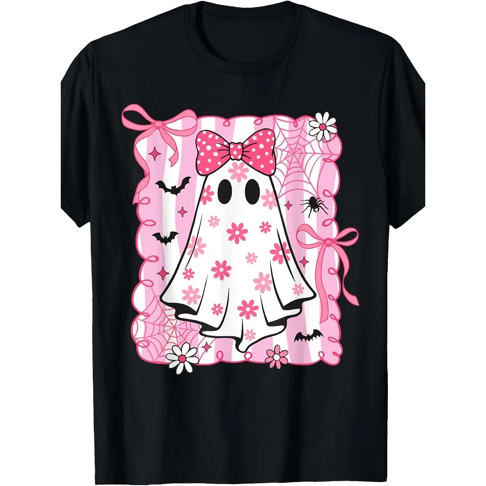 Premium Model Unisex Spooky Vibes Pink Ghost Preppy Halloween Unisex T-Shirt Retro Casual Crew Neck Printed T-Shirt