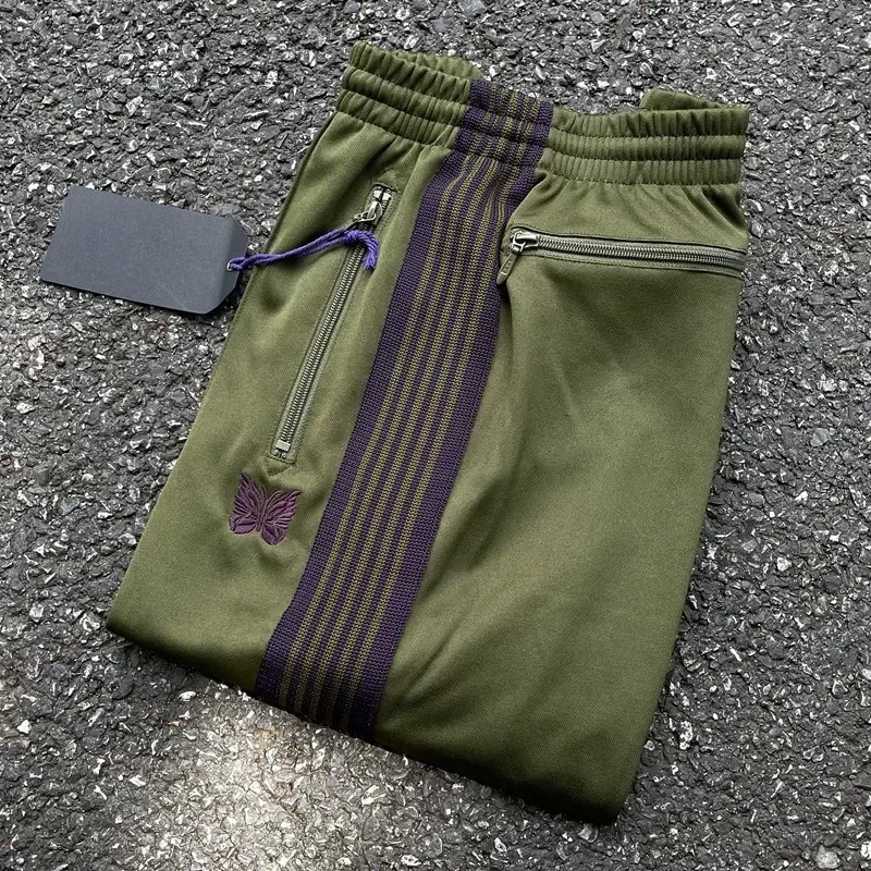 2024ss Olive Green Butterfly Embroidery Pants Men Women 1:1 Tags Jogger Drawstring Striped Pants  Casual Straight Pants