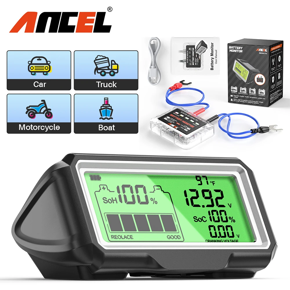 ANCEL BM200 PRO 12V LED Battery Tester Monitor Head-Up Display Charging Tester Tool Battery Health Analyzer SOH SOC Waterproof