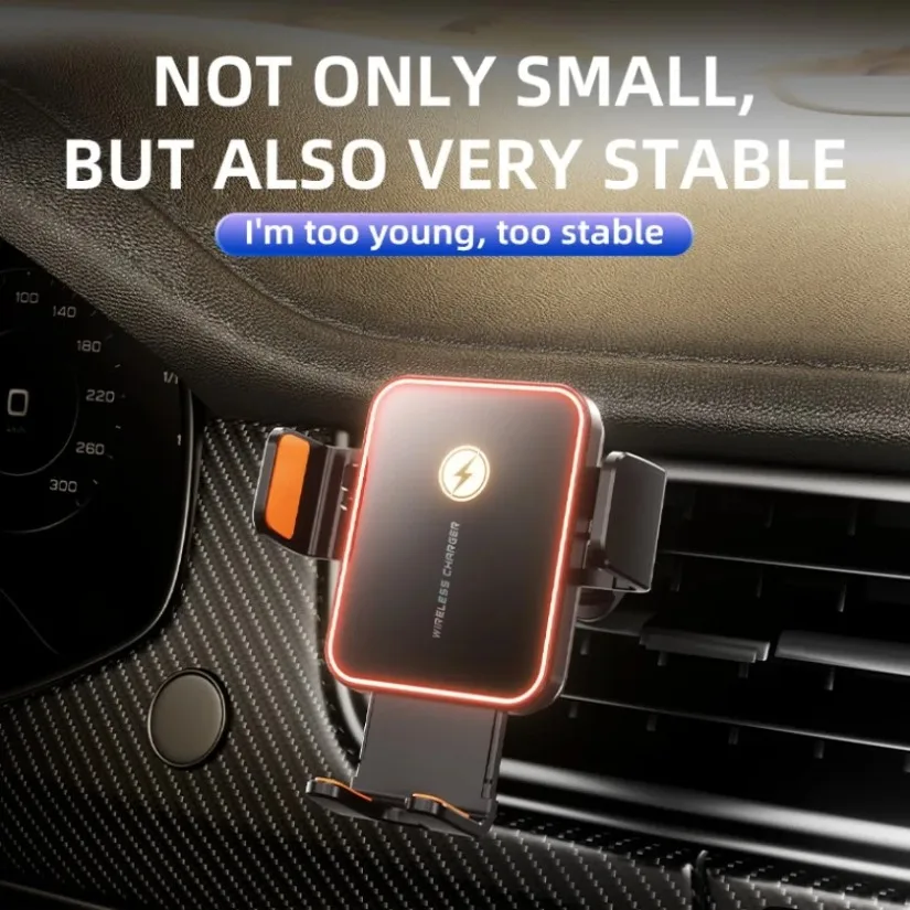 Mini Auto Clamping Car Wireless Charger Smart Sensor 15W Fast Charging Air Vent Phone Mount for iPhone 17 16 15 14 13 12 Samsung