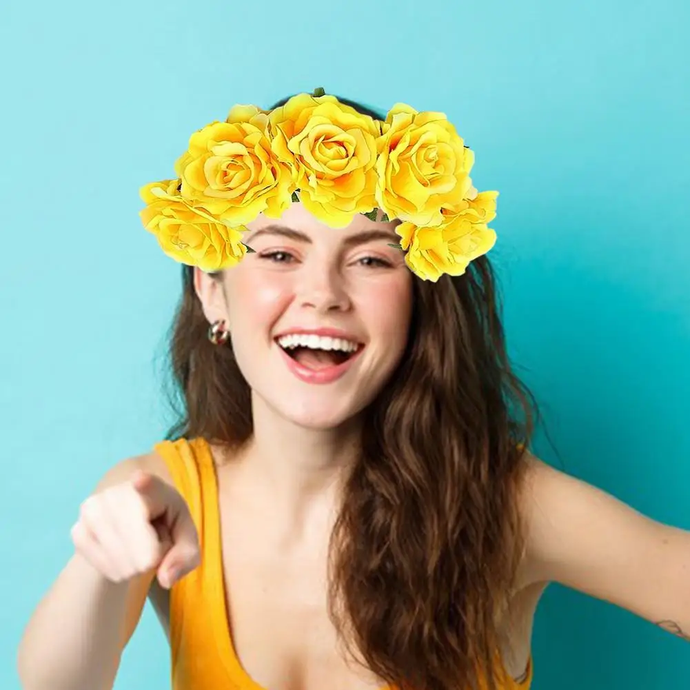 ローズフラワークラウンヘッドバンド手作りヘアフープ5つの造花付き高弾性デザインボヘミアスタイルヘアフープフェスティバル装飾