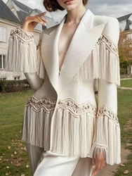 Elegant Women Tassels Blazer Tailored Coat Peaked Lapel Hollow Out Chic Ethnic Casual Vintage Single Button Jacket Outerwear