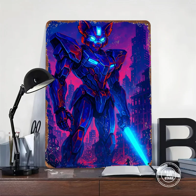 Cyberpunk Red Panda Robot in Ruined City Tinplate Poster Customized Wall Art Retro Vintage Metal Signs for Fans Home Decorations