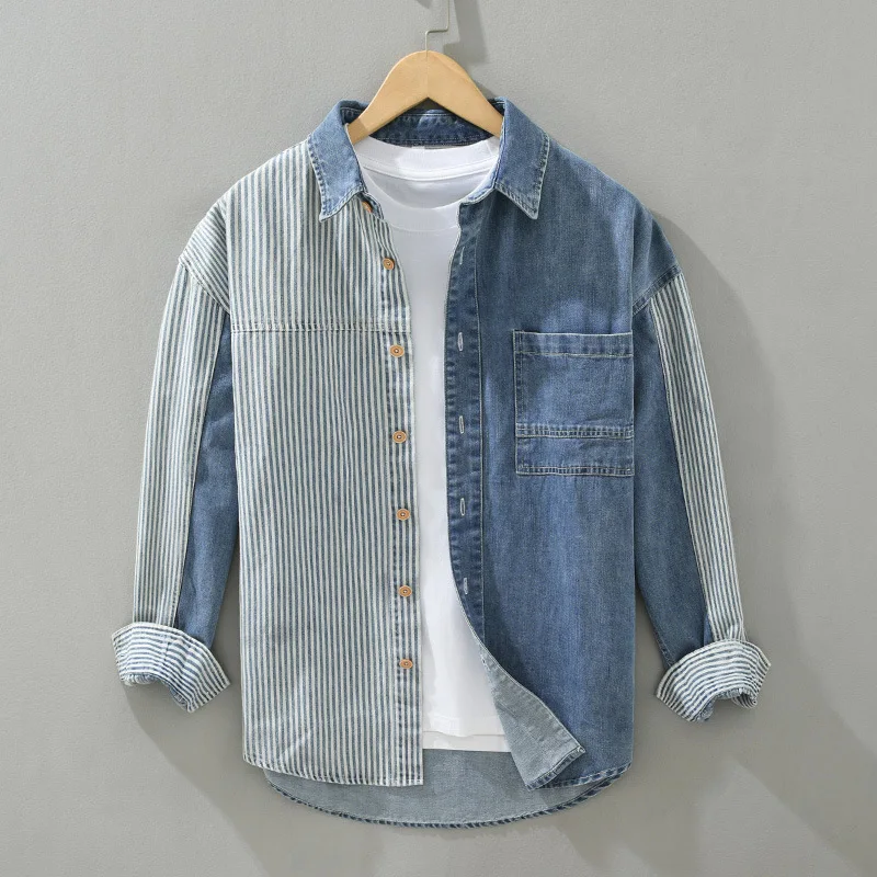 

New Men's Long Sleeve Denim Shirts Spring High Street Loose Jean Shirt Stripe Patchwork Designer Shirt Youth Fashion Overshirt