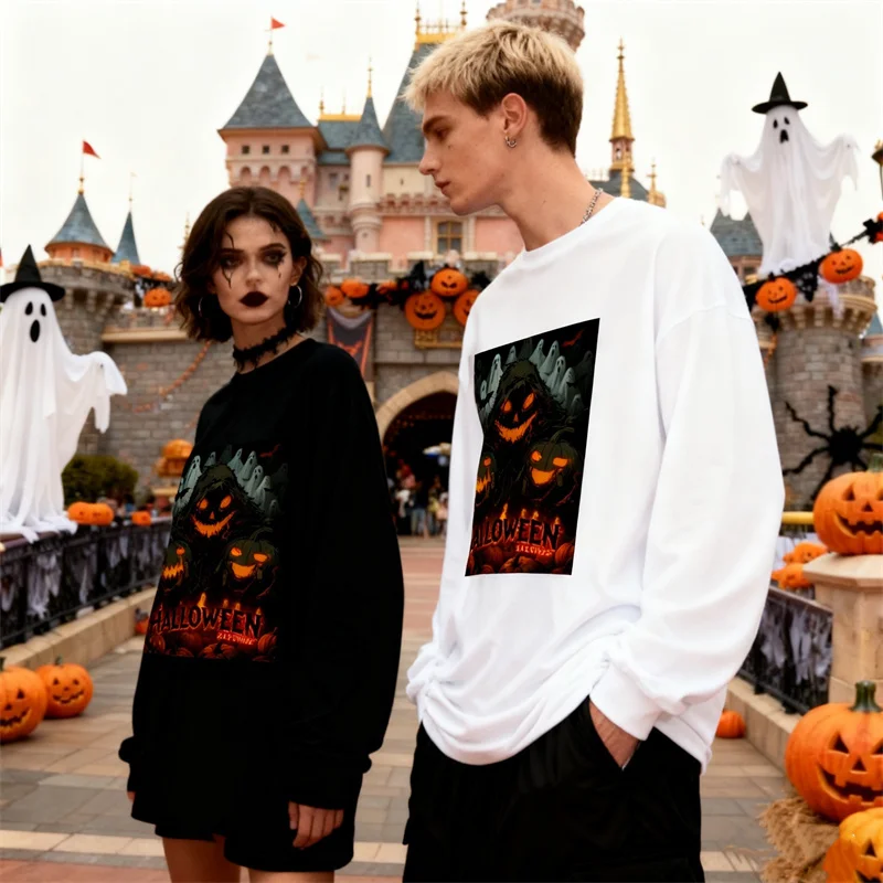 

ZAZOMDE Streetwear Style Halloween Long Sleeve T-Shirt Oversized Ghost Pumpkin Print 100 Cotton Urban Fashion For Autumn Season