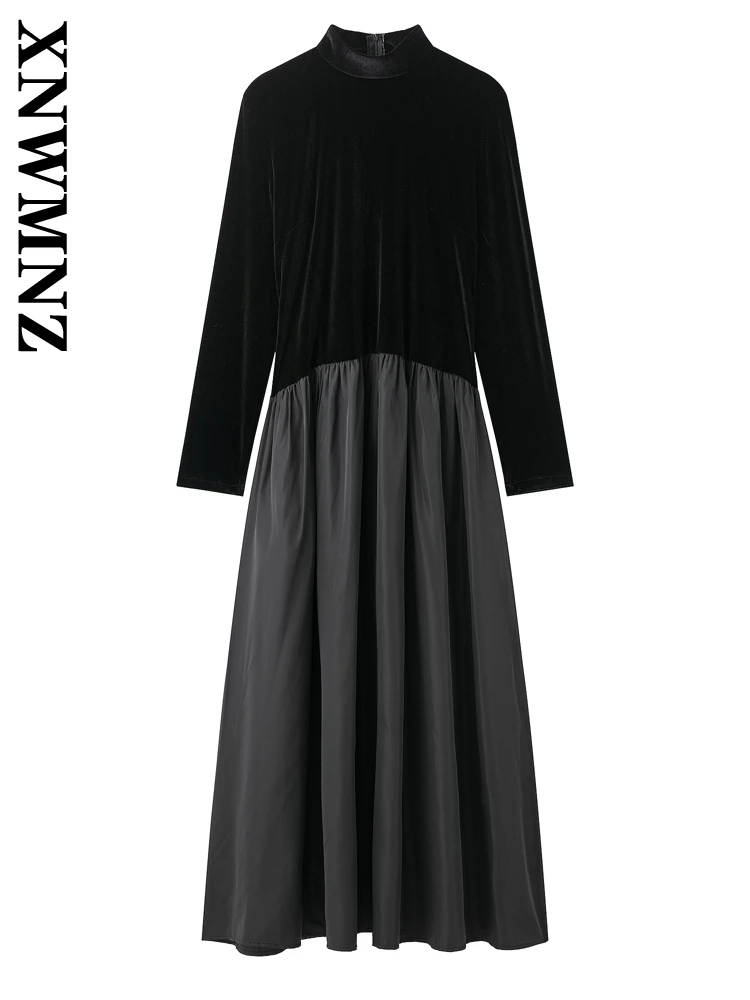 

XNWMNZ 2025 Autumn Woman Party Suede Dresses Top Evening Party Spring Female Stand Collar Long Sleeve Dress zipper Maxi Skirt