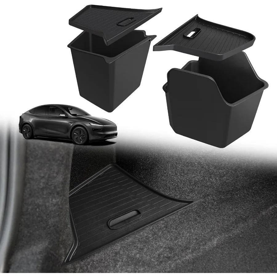 

For 2026+ Tesla New Model Y Juniper 2PCS Rear Trunk Storage Bins with Lids Rear Cargo Garbage Bins Waterproof Side St