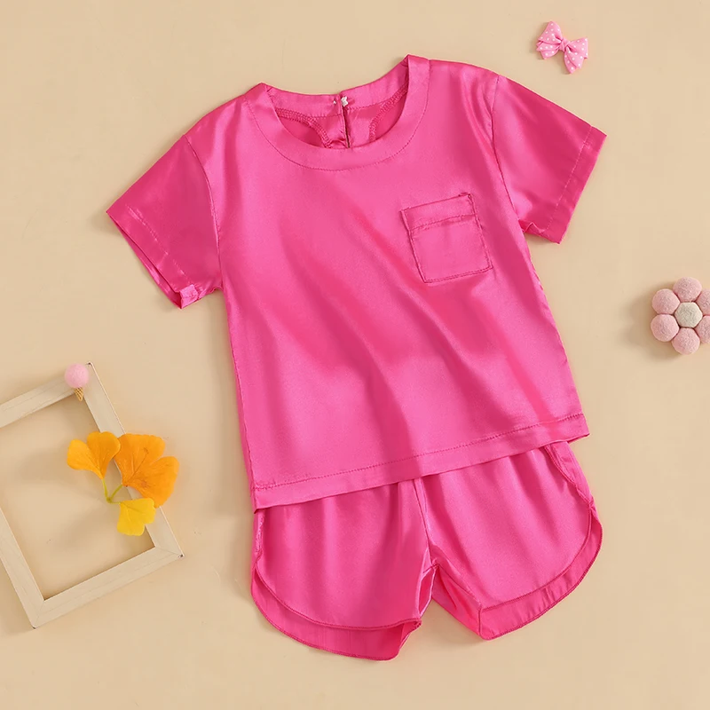 Conjunto de pijama de 2 piezas para niña, camisetas de manga corta con cuello redondo, pantalones cortos, ropa de dormir para niños pequeños