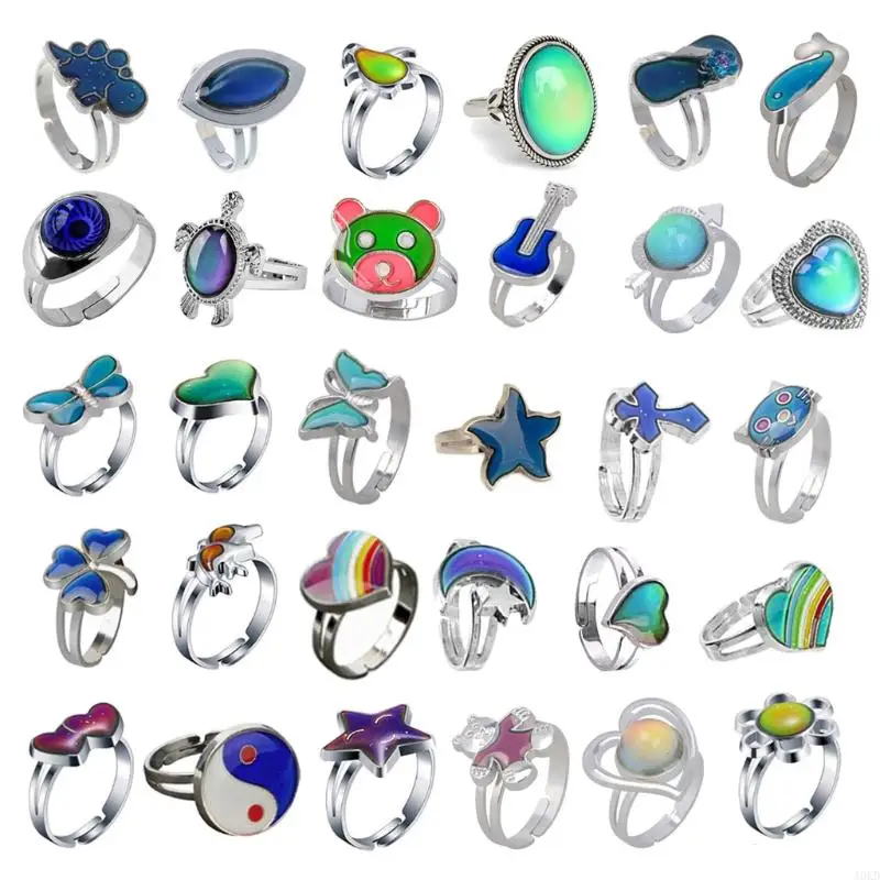 30pcs Punk Temperature Change Design Rings for Women Goth Hip Hop Retro Fashion Male Couple Birthday Festival Jewelry