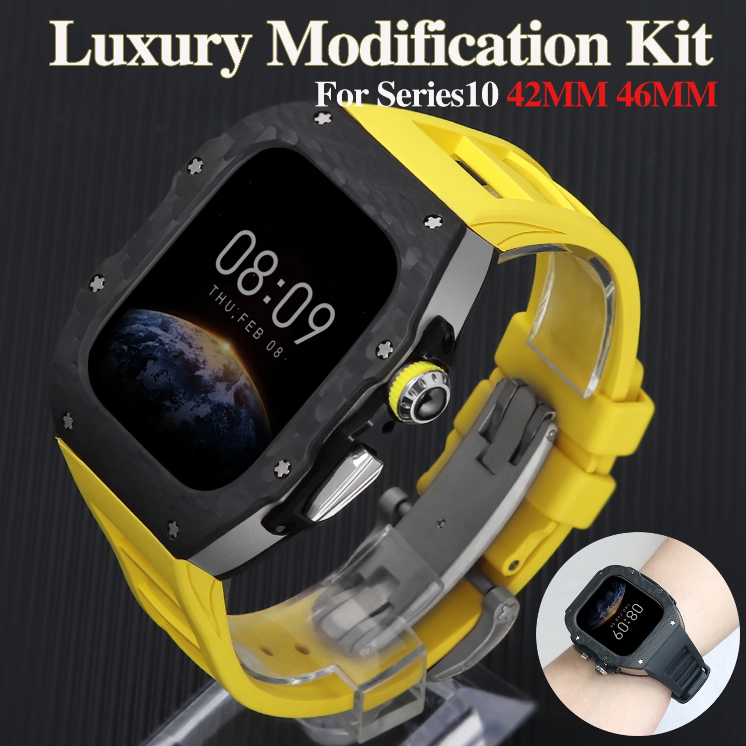 Luxury Refit Modification Kit For Apple Watch 10 42mm 46mm Carbon Fiber Case Rubber Strap Sports for IWatch Series 10 42mm 46mm