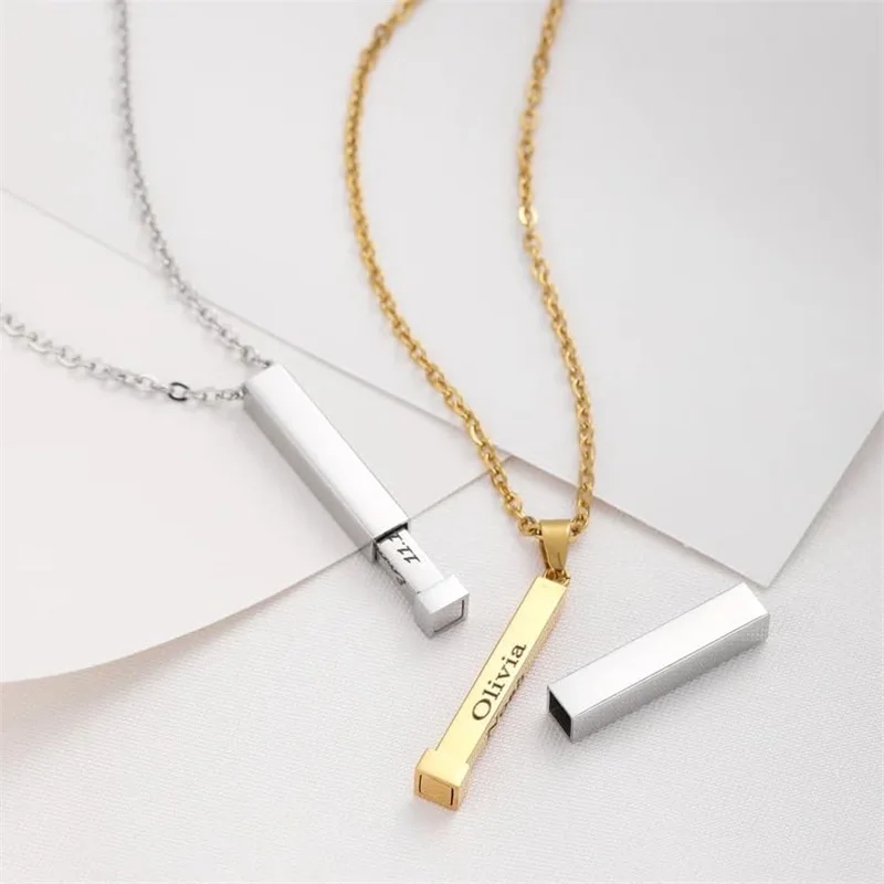 Custom Secret Hidden Message Slide Bar Necklace Retractable 3D Bar Stainless Steel Necklace Personalized Name Date Necklaces