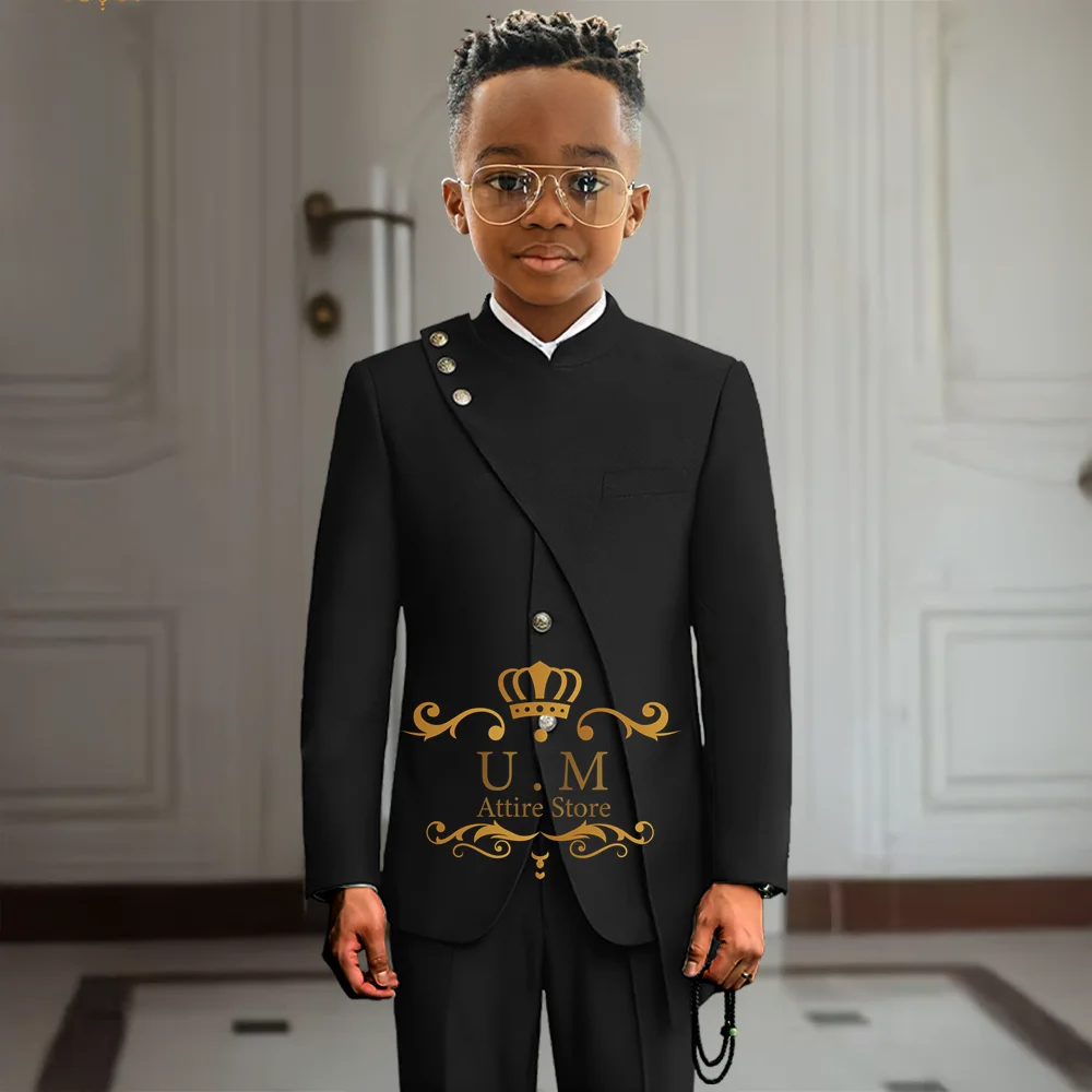 

Formal sinicism boy's balck set 2-piece silver button jacket pants tailored suit for wedding pageboy birthday school party dress
