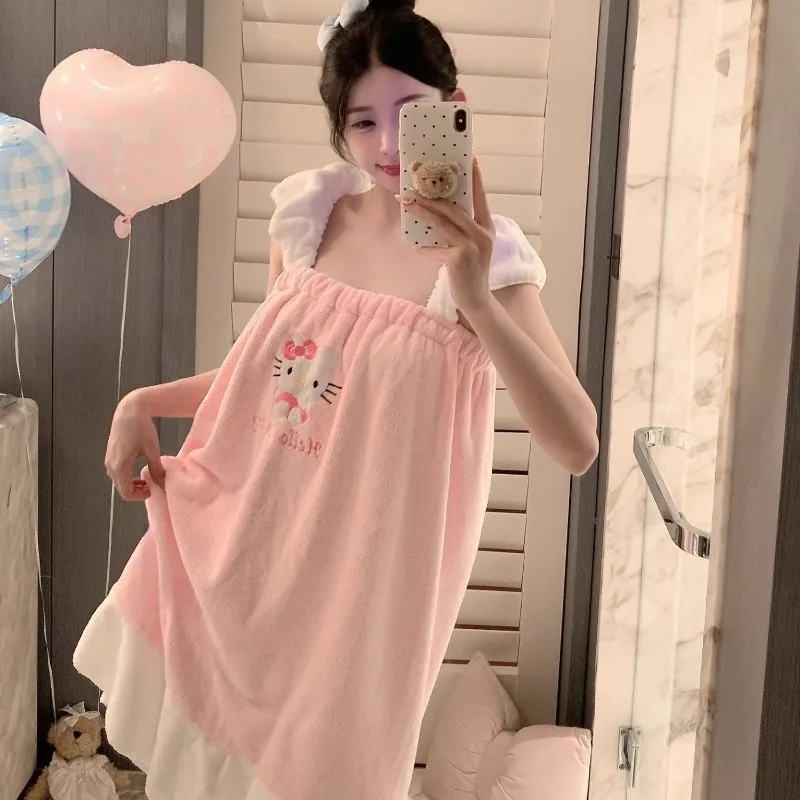 

Платье-бретелька с рисунком «Hello Kitty», аниме, домашний халат с двойными плечами и вышивкой, женский кавайный коралловый флисовый халат