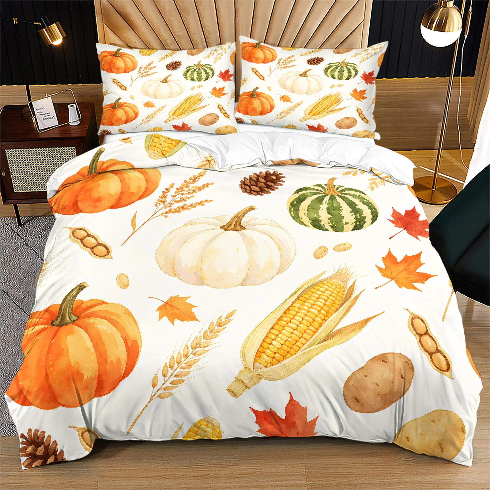 Watercolor Fall Harvest Duvet Cover Set Orange White Green Pumpkin Corn Potato Maple Leaf Print Bedding For Autumn Thanksgiving