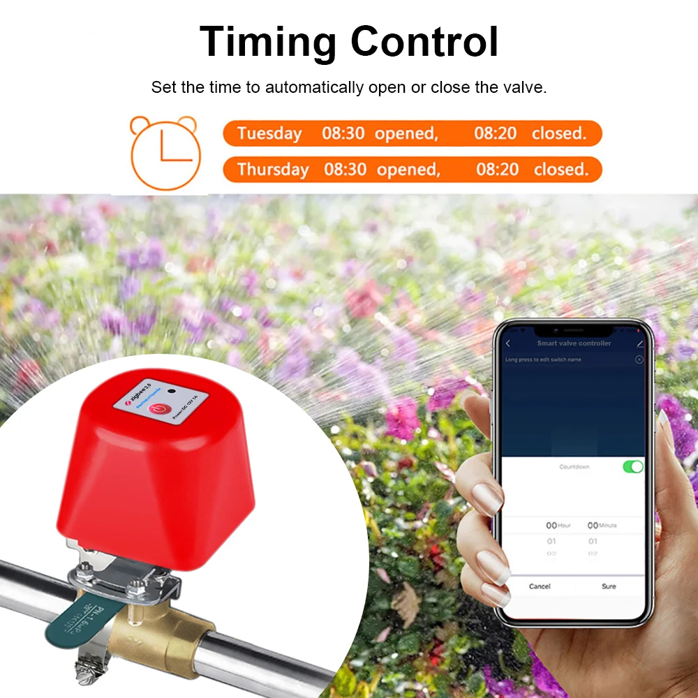 Tuya Zigbee Smart Gas Valve Garden Water Shut Off Timer Irrigation Controller with Alexa Google Assistant Smart Life(Red Color)