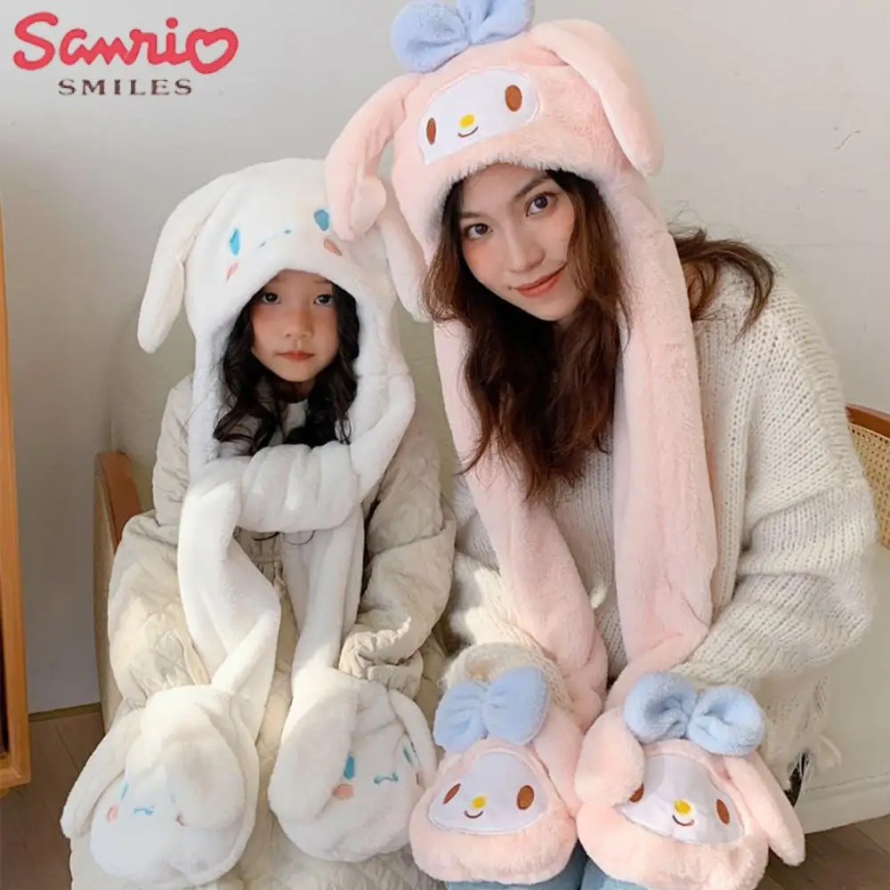 Topi, Syal, dan Sarung Tangan Boneka Cinnamoroll dengan Telinga Bergerak, Sanrio Kawaii Kuromi, Musim Dingin, Tebal, Lucu, Hangat, Hadiah untuk Pacar, Festival