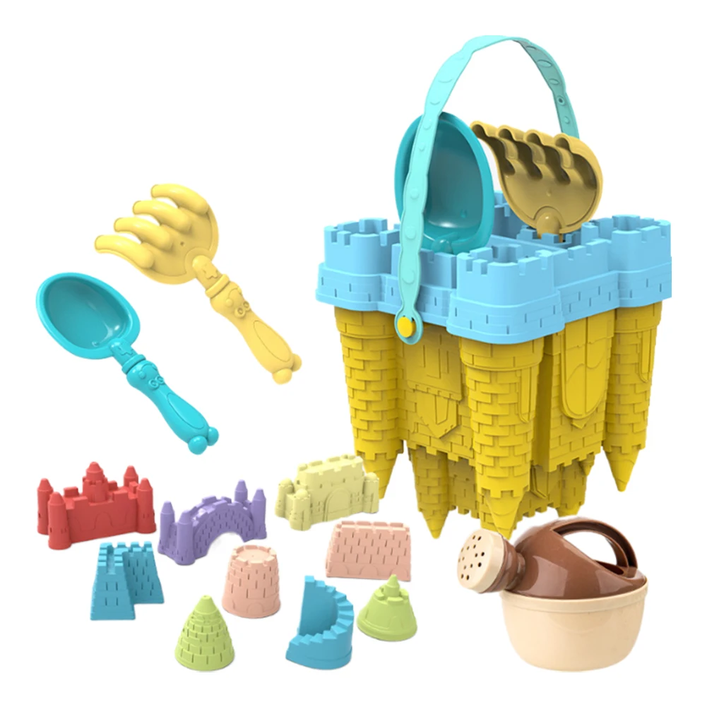Kit de château de plage et de sable, 14 pièces, moules de château de sable, arrosoir, râteau, pelle, ensemble de sable de voyage pour enfants