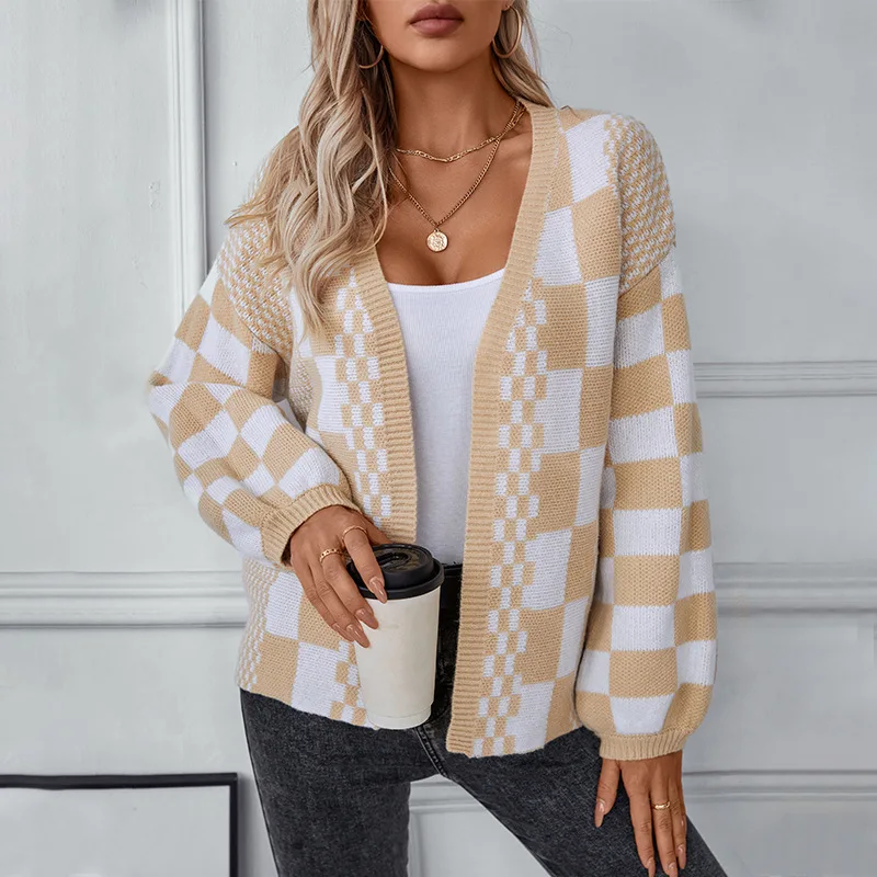 Cardigan lavorato a maglia scozzese da donna Colore a contrasto Casual Manica a lanterna allentata Maglione autunno inverno stile europeo e americano