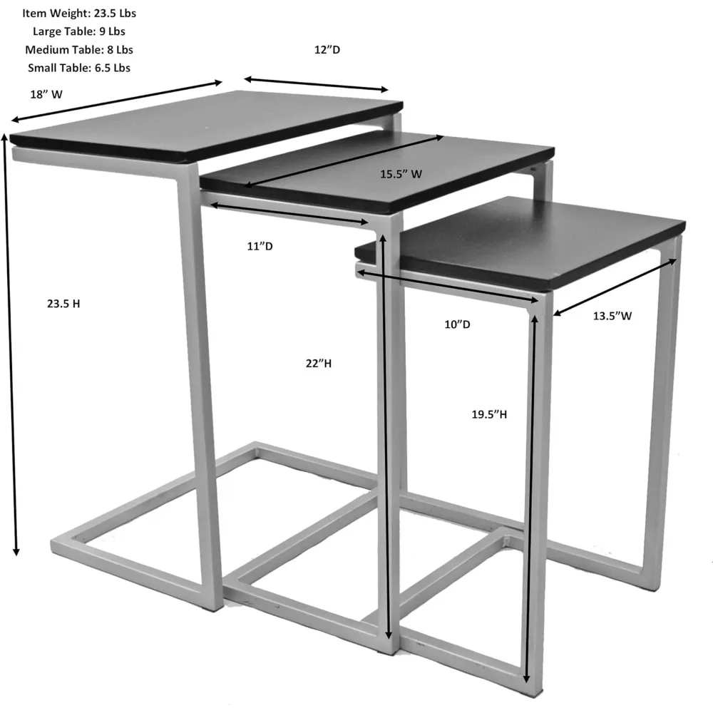 Modern Rectangular Wooden Top 3-Piece Nesting Table Set with Alloy Steel Frame for Space-Saving Furniture