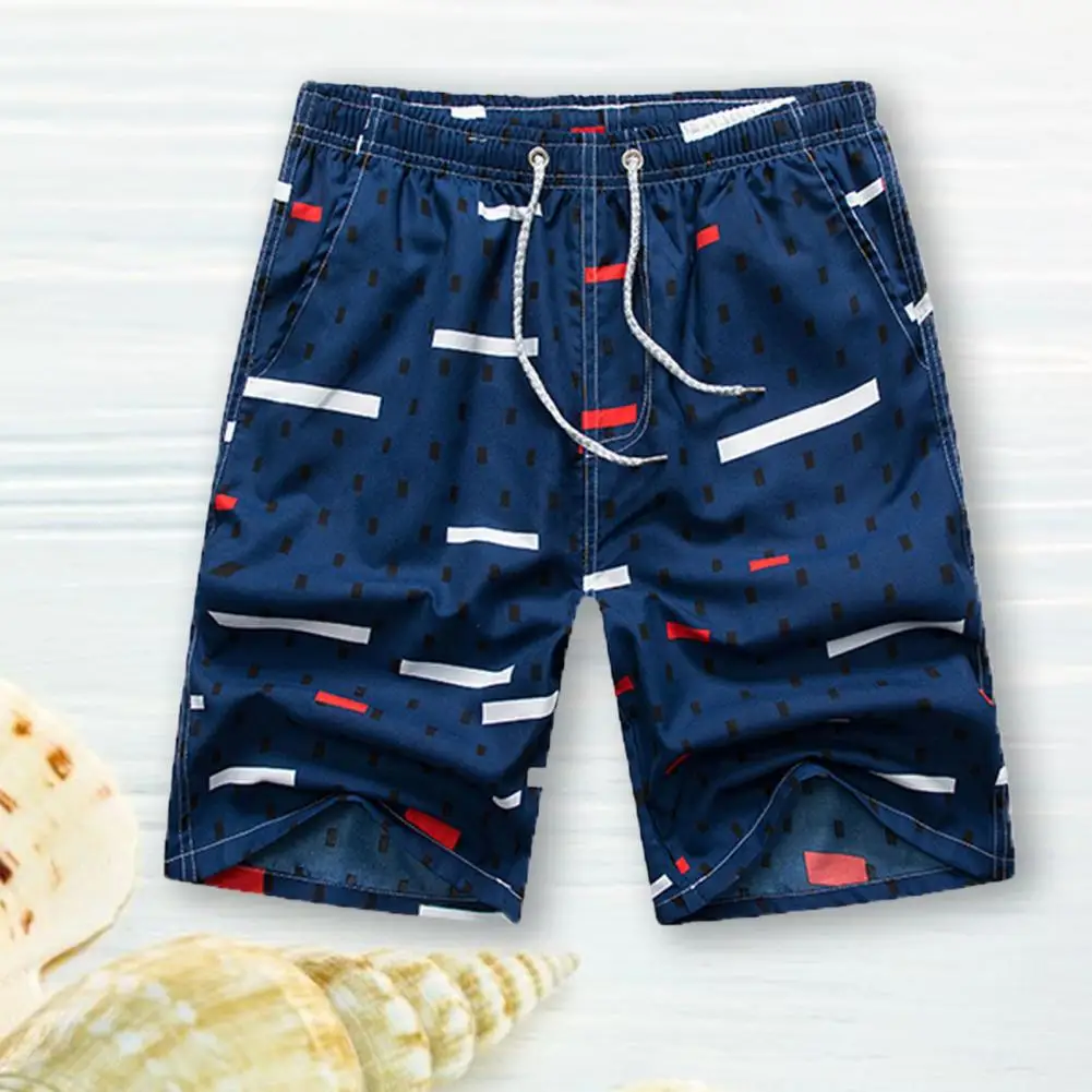 Summer Swimwear Men Swimsuit Elastic Waist Drawstring Pockets Male Shorts Feather Print Men Board Casual Shorts Swimming Trunks