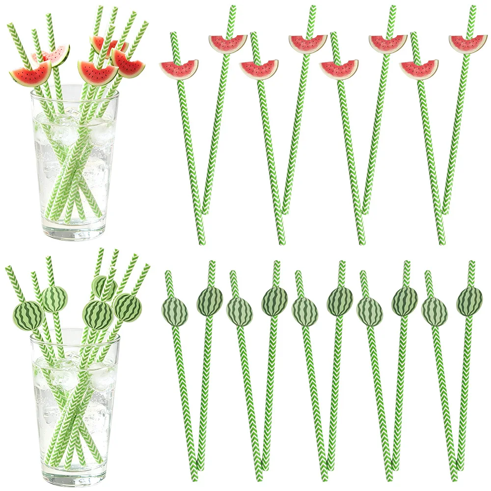 10/20/80Pcs Summer Watermelon Strawberry Drinking Straw Cocktail Straws Fruits Theme Paper Straws Wedding Birthday Party Decor