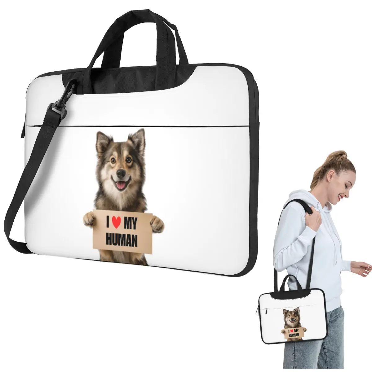 

Norwegian Lundehund Dog With Signboard I Love My Human Crossbody Laptop Bag Case Computer Bag 13 14 15.6 Inch Notebook Pouch